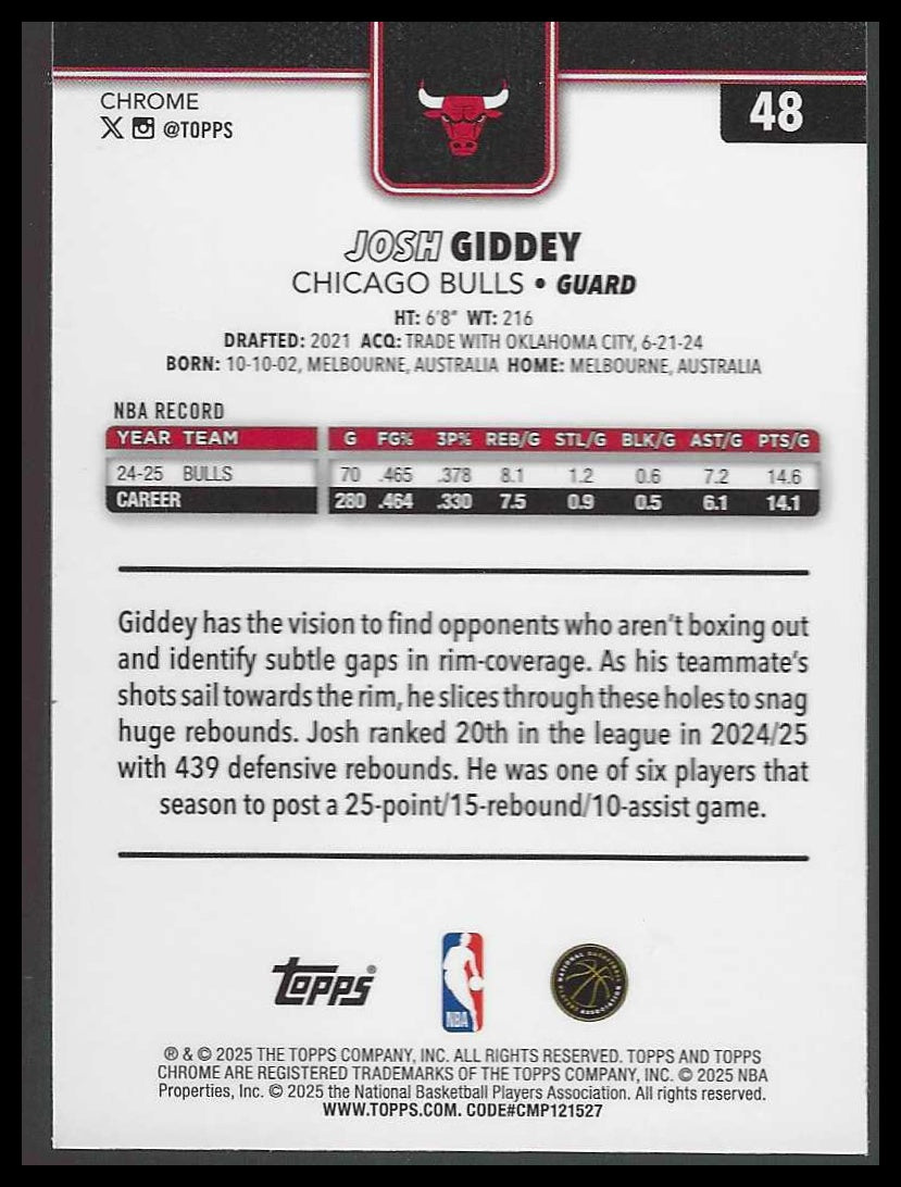 2025-26 Topps Chrome #48 Josh Giddey Refractor Chicago Bulls