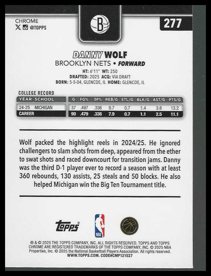 2025-26 Topps Chrome #277 Danny Wolf Brooklyn Nets Rookie