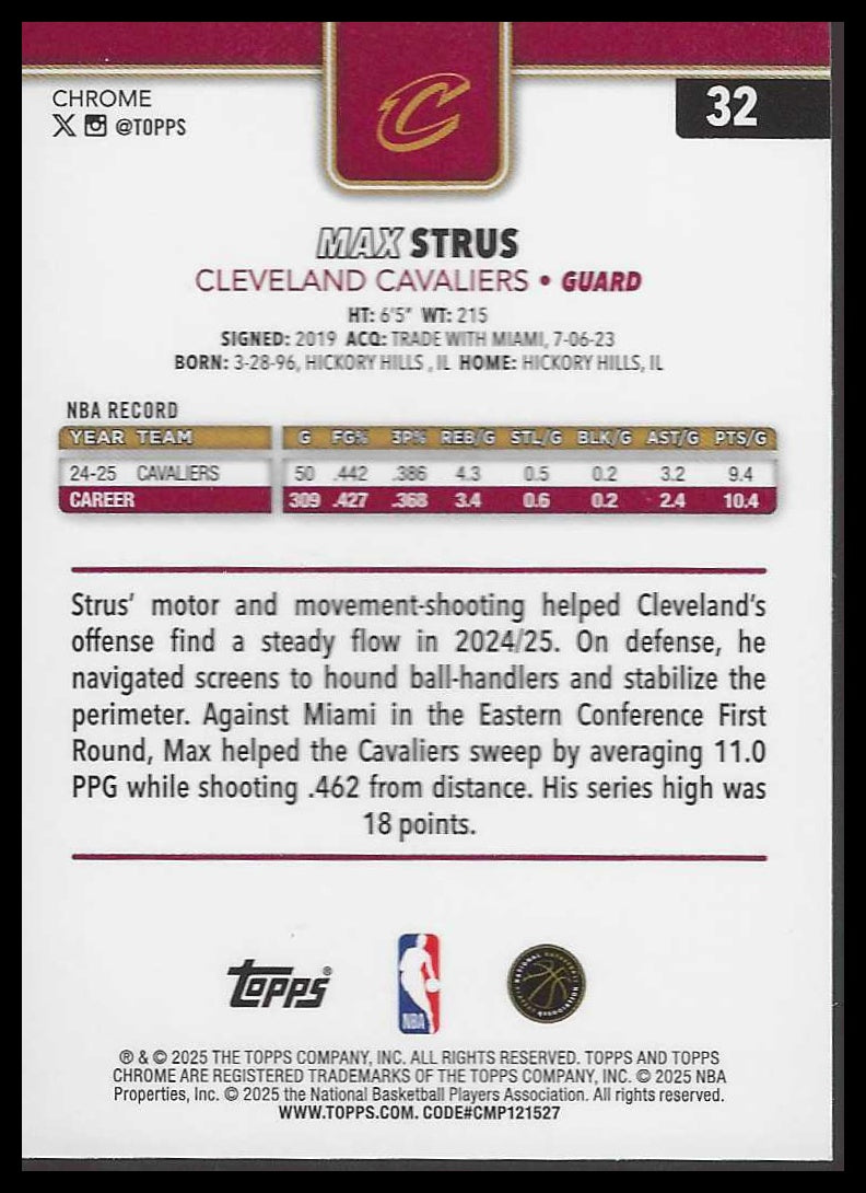 2025-26 Topps Chrome #32 Max Strus Cleveland Cavaliers