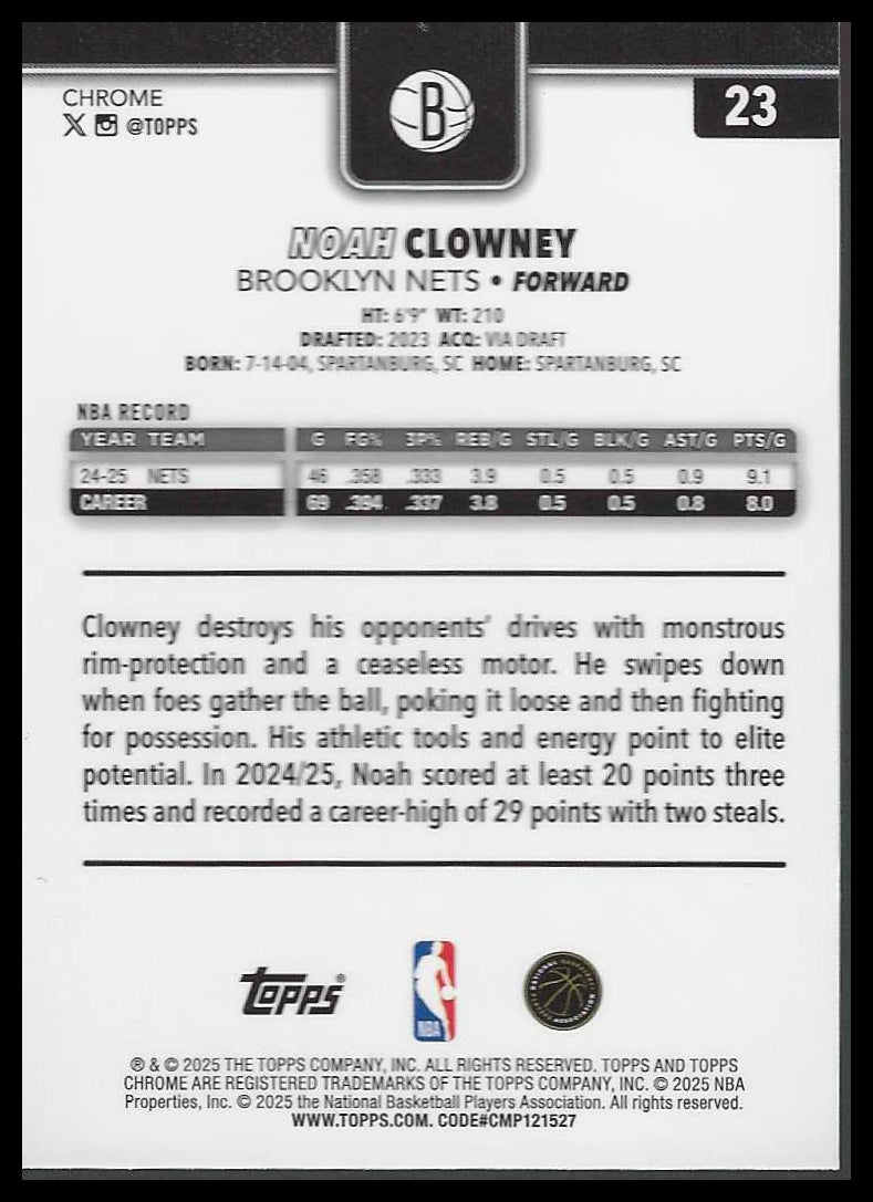 2025-26 Topps Chrome #23 Noah Clowney Brooklyn Nets