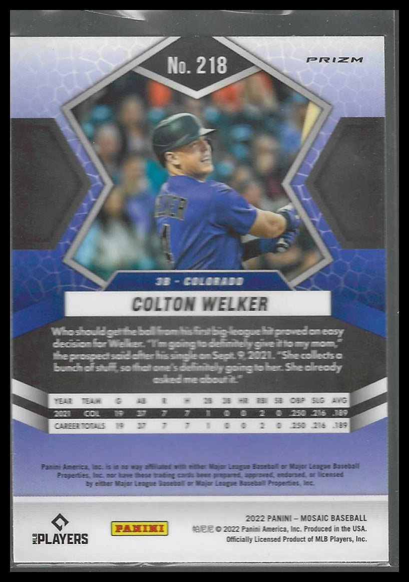 2022 Panini Mosaic #218 Colton Welker Pink Camo Mosaic Colorado Rockies