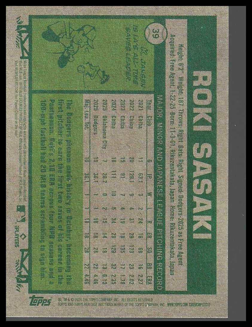 2026 Topps Heritage #39 Roki Sasaki Los Angeles Dodgers