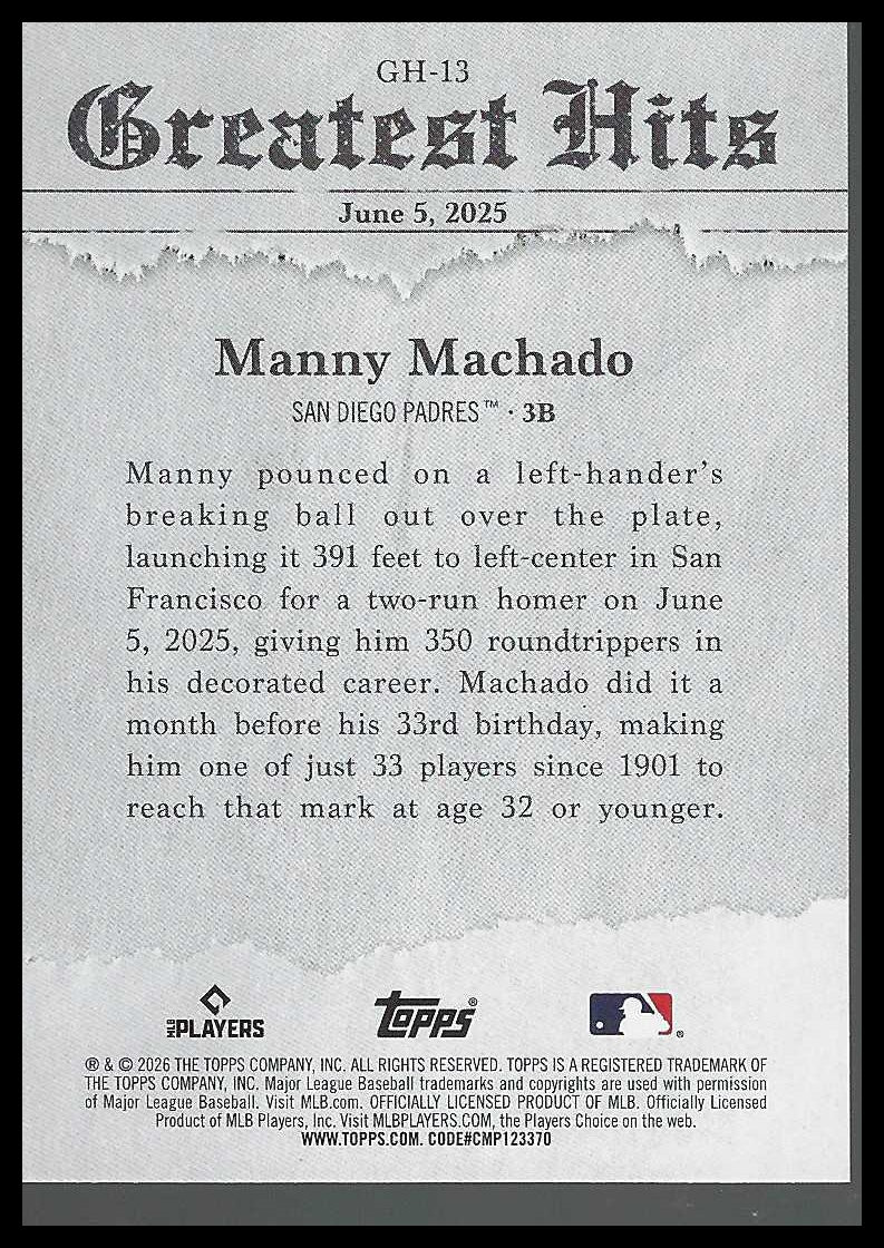 2026 Topps #GH-13 Manny Machado 2025 Greatest Hits San Diego Padres