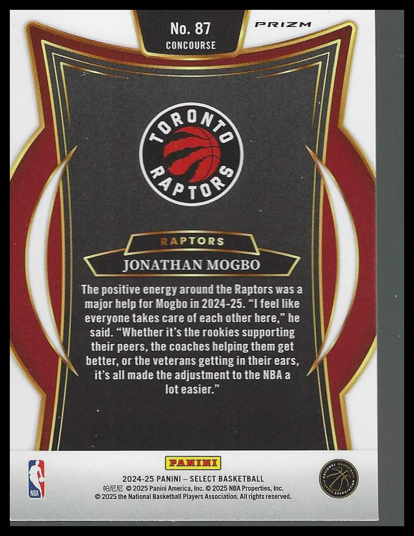 2024-25 Panini Select #87 Jonathan Mogbo Orange Flash Prizm Toronto Raptors RC