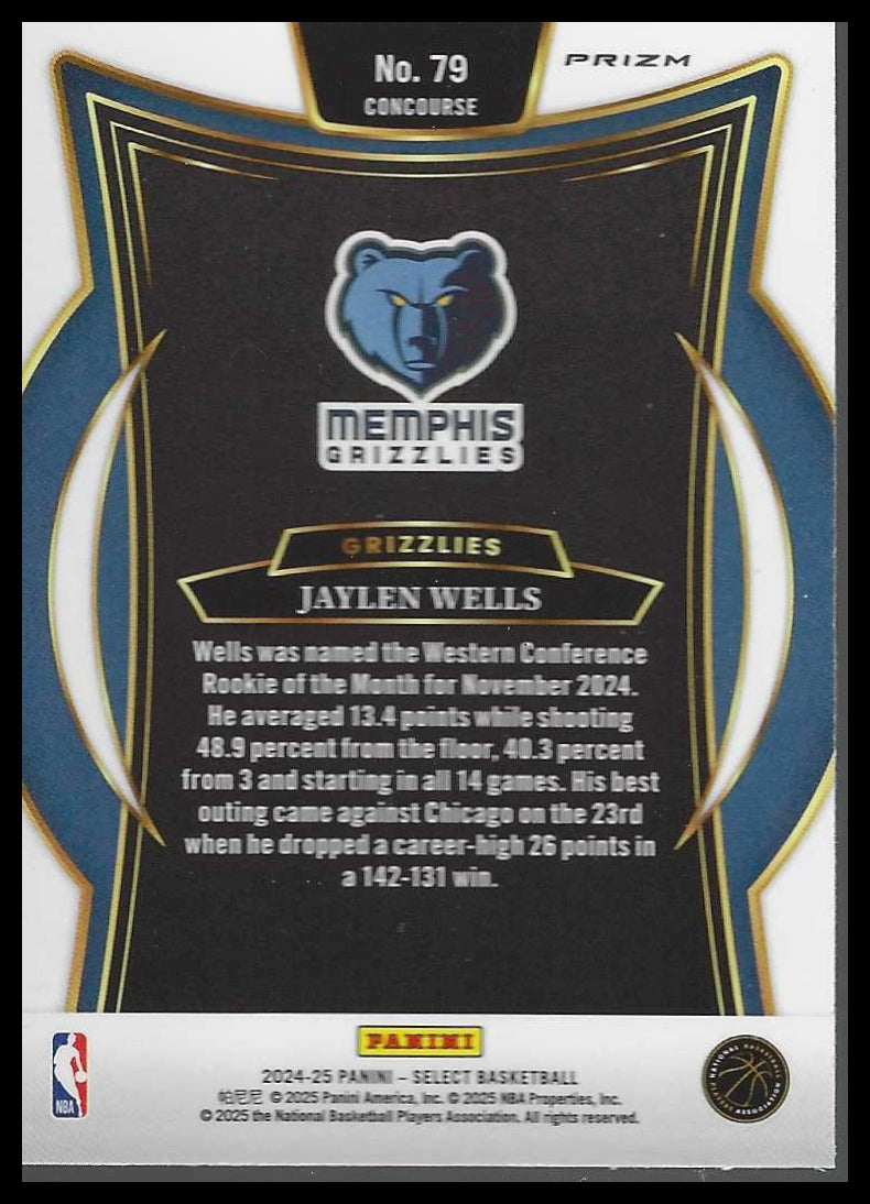 2024-25 Panini Select #79 Jaylen Wells Blue Prizm Memphis Grizzlies Rookie