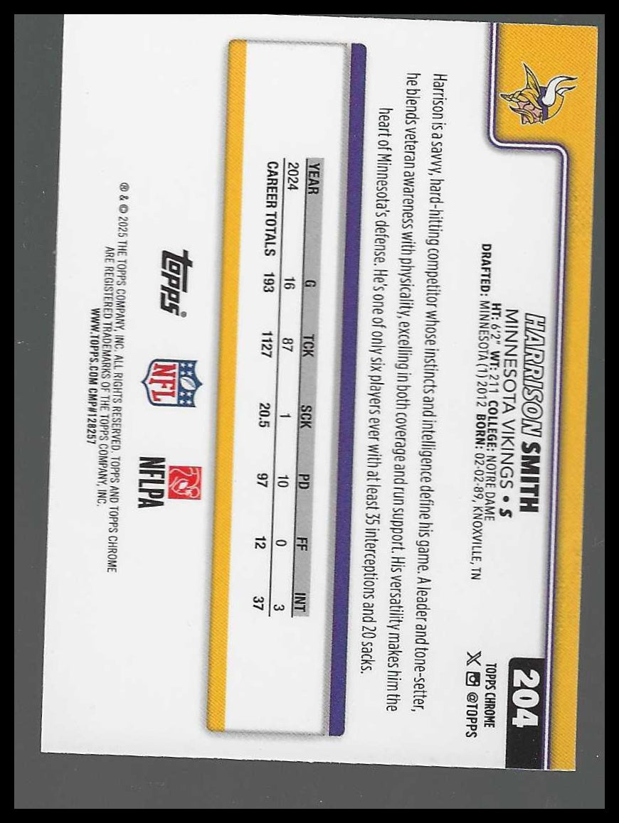 2025 Topps Chrome #204 Harrison Smith Aqua Refractor #/199