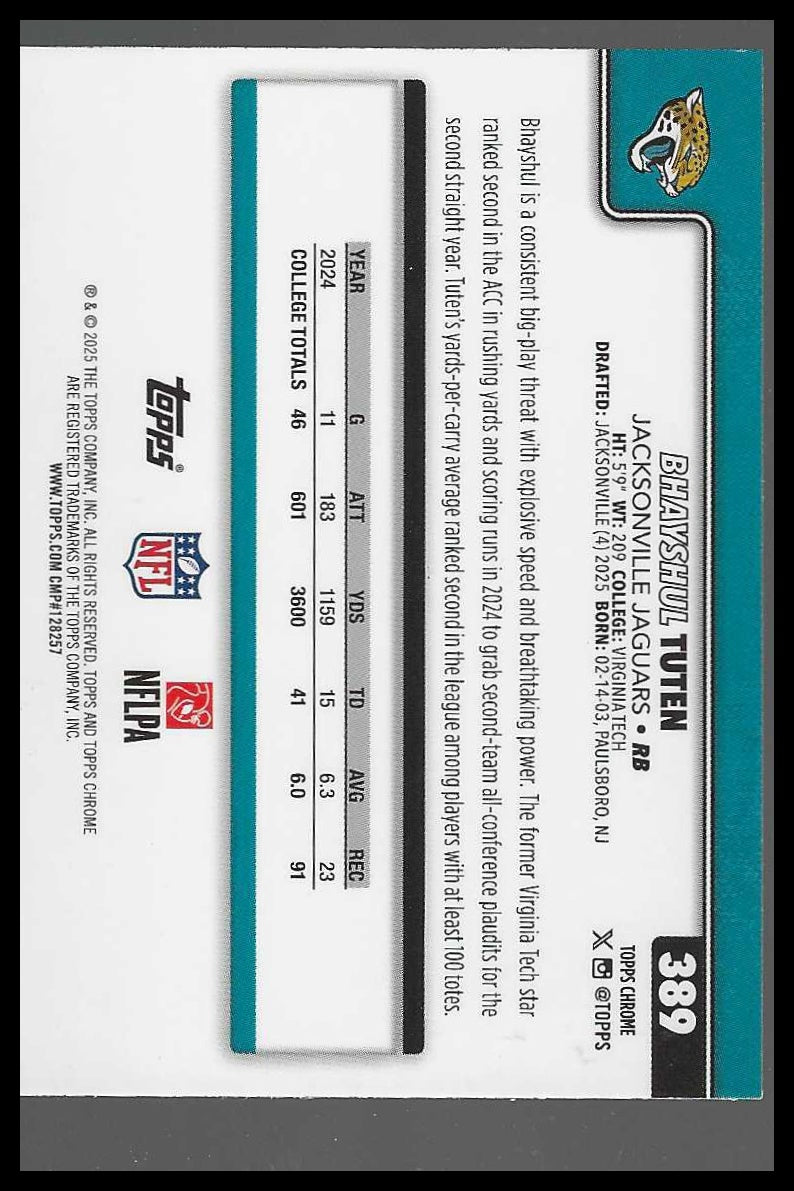 2025 Topps Chrome #389 Bhayshul Tuten Football Leather Refractor