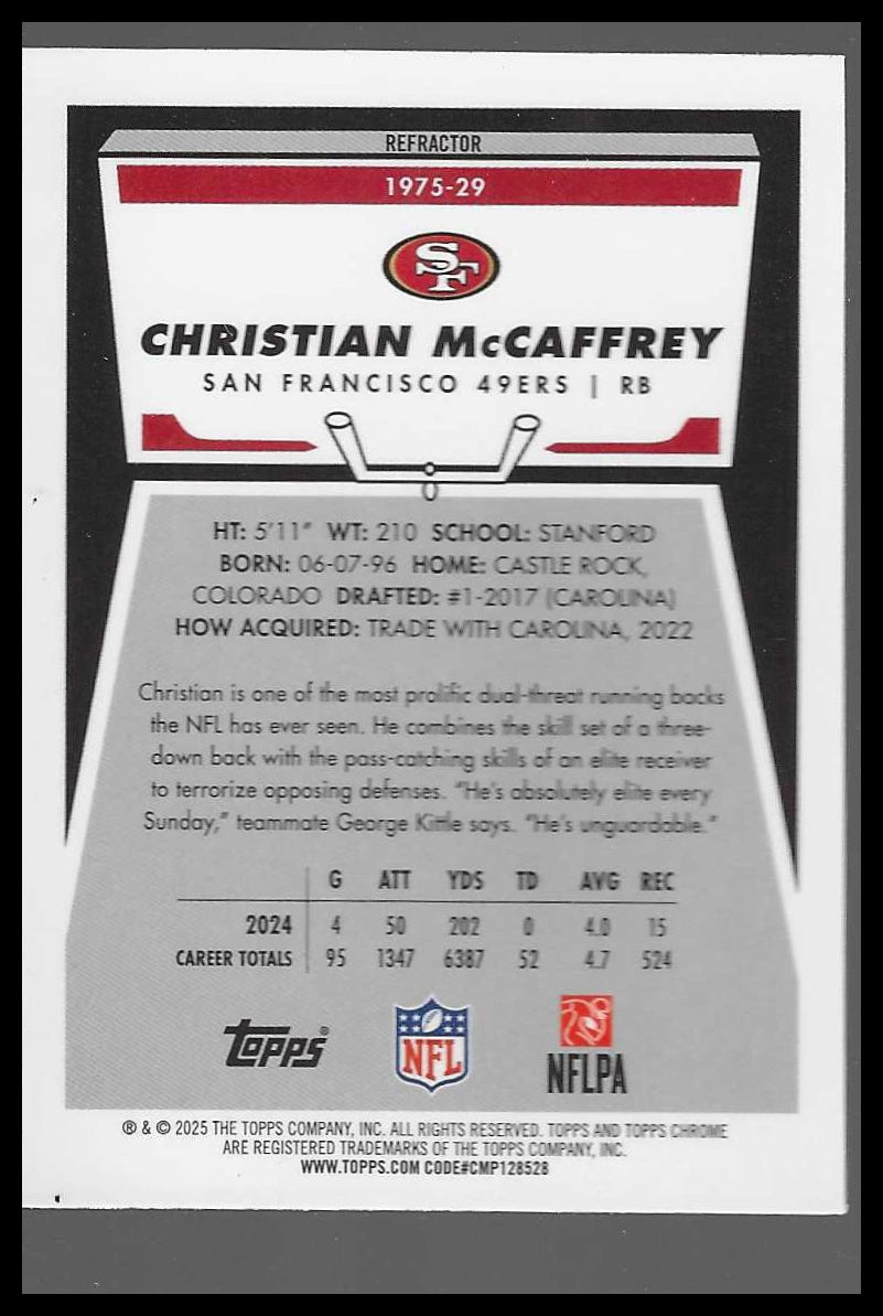 2025 Topps Chrome #1975-29 Christian McCaffrey 1975 Topps Refractor