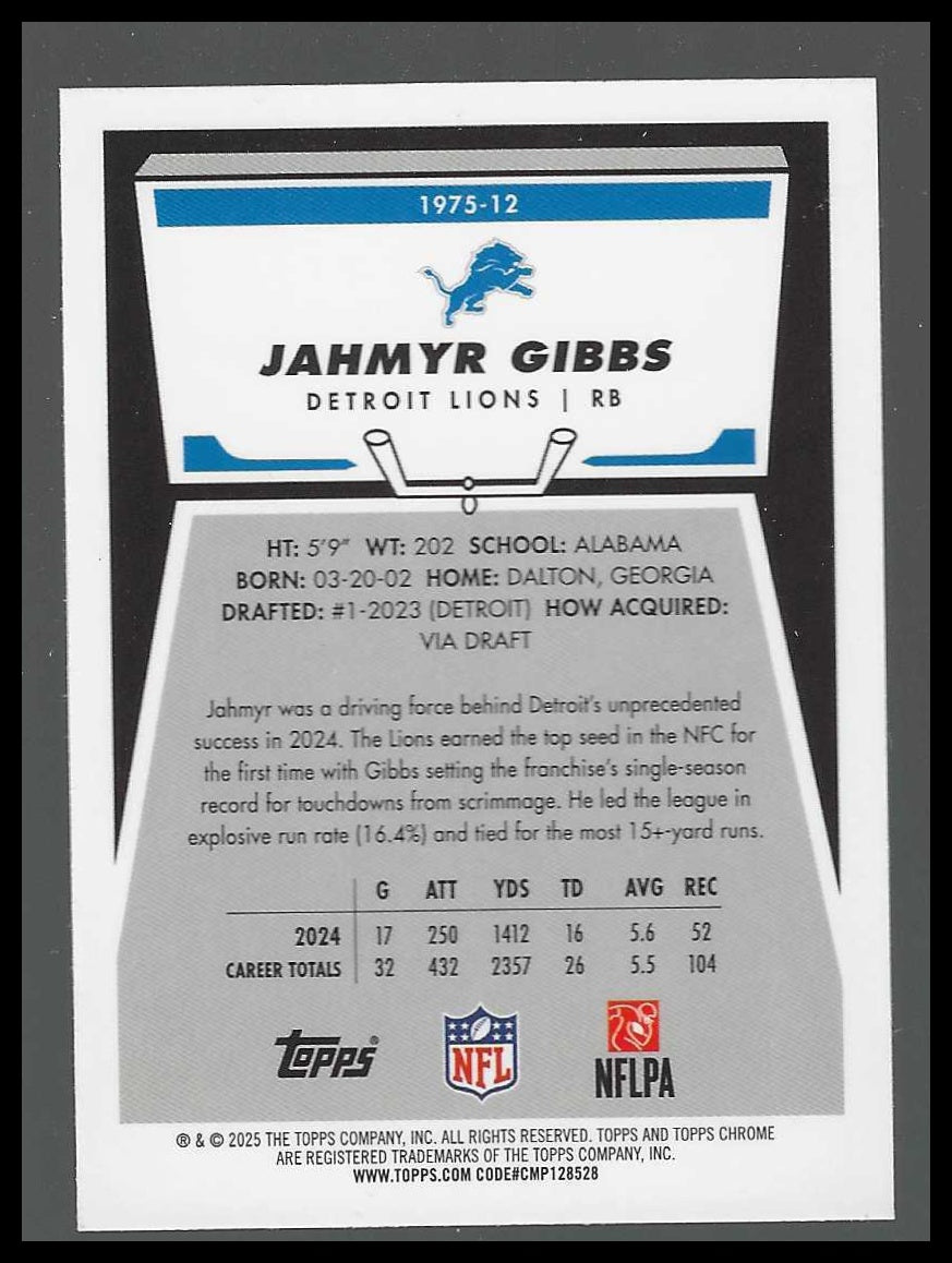 2025 Topps Chrome #1975-12 Jahmyr Gibbs 1975 Topps
