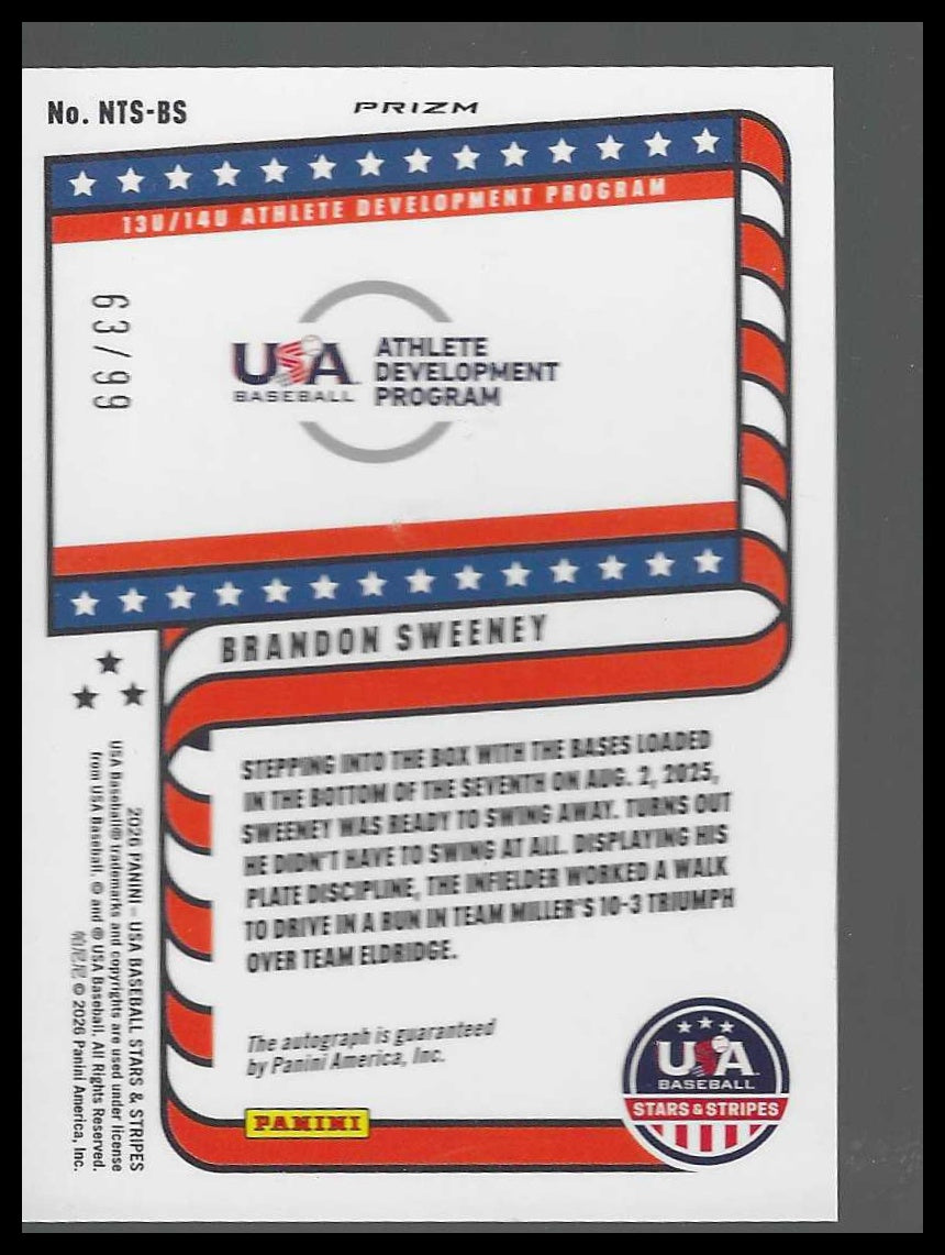 Panini Stars&StripesUSA #NTS-BS Brandon Sweeney 13U/14U Green Pulsar #/99 Auto