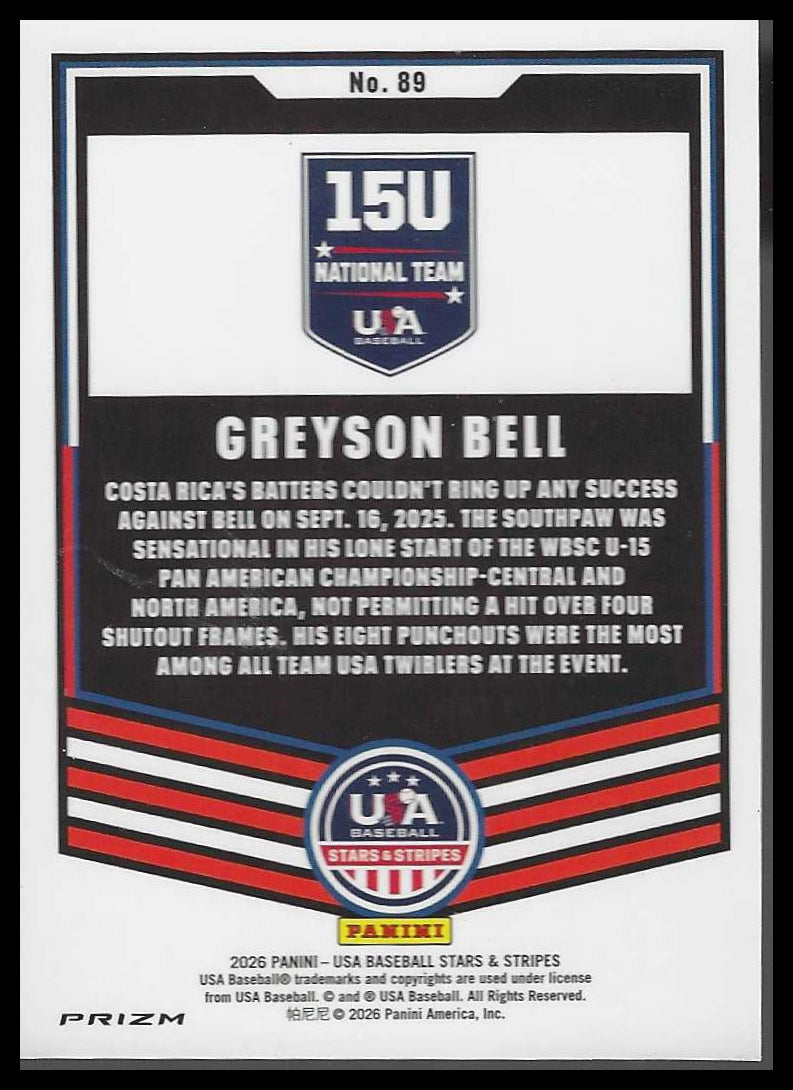 2026 Panini Stars & Stripes Prizm USA Baseball #89 Greyson Bell Green