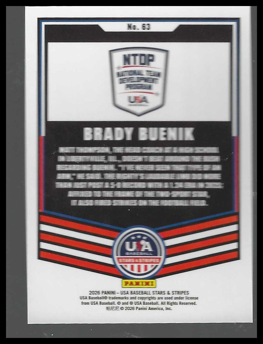 2026 Panini Stars & Stripes Prizm USA Baseball #63 Brady Buenik