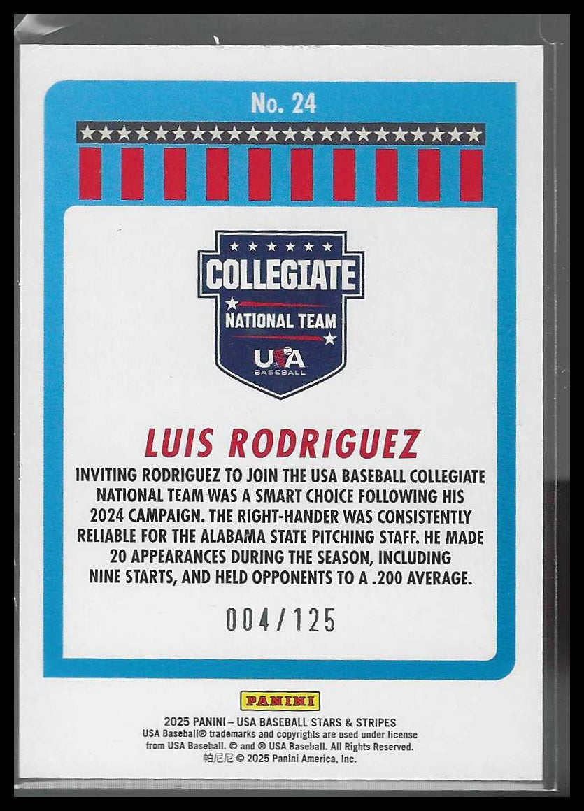 2025 Panini Stars & Stripes USA Baseball #24 Luis Rodriguez Blue Swirl #/125