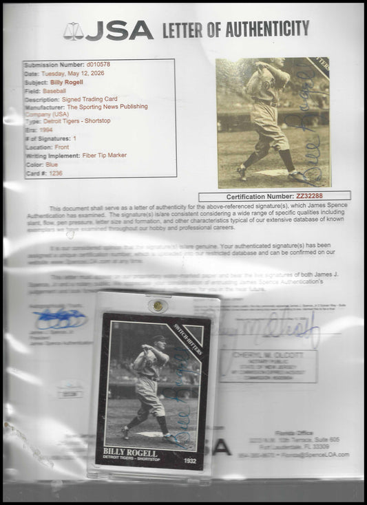 1994 Billy Rogell Signed Trading Card  JSA LOA ZZ32288  Tigers Vintage Auto