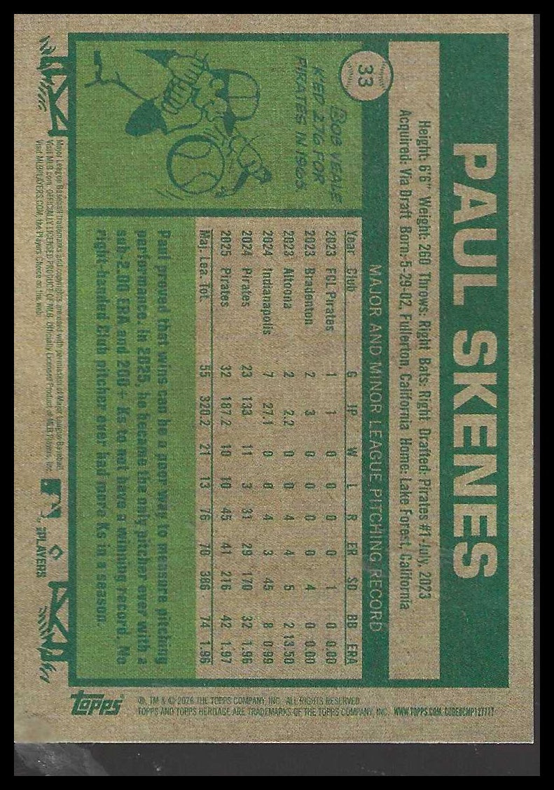 2026 Topps Heritage #33 Paul Skenes Pittsburgh Pirates