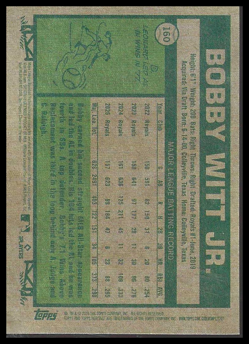 2026 Topps Heritage #160 Bobby Witt Jr. Kansas City Royals