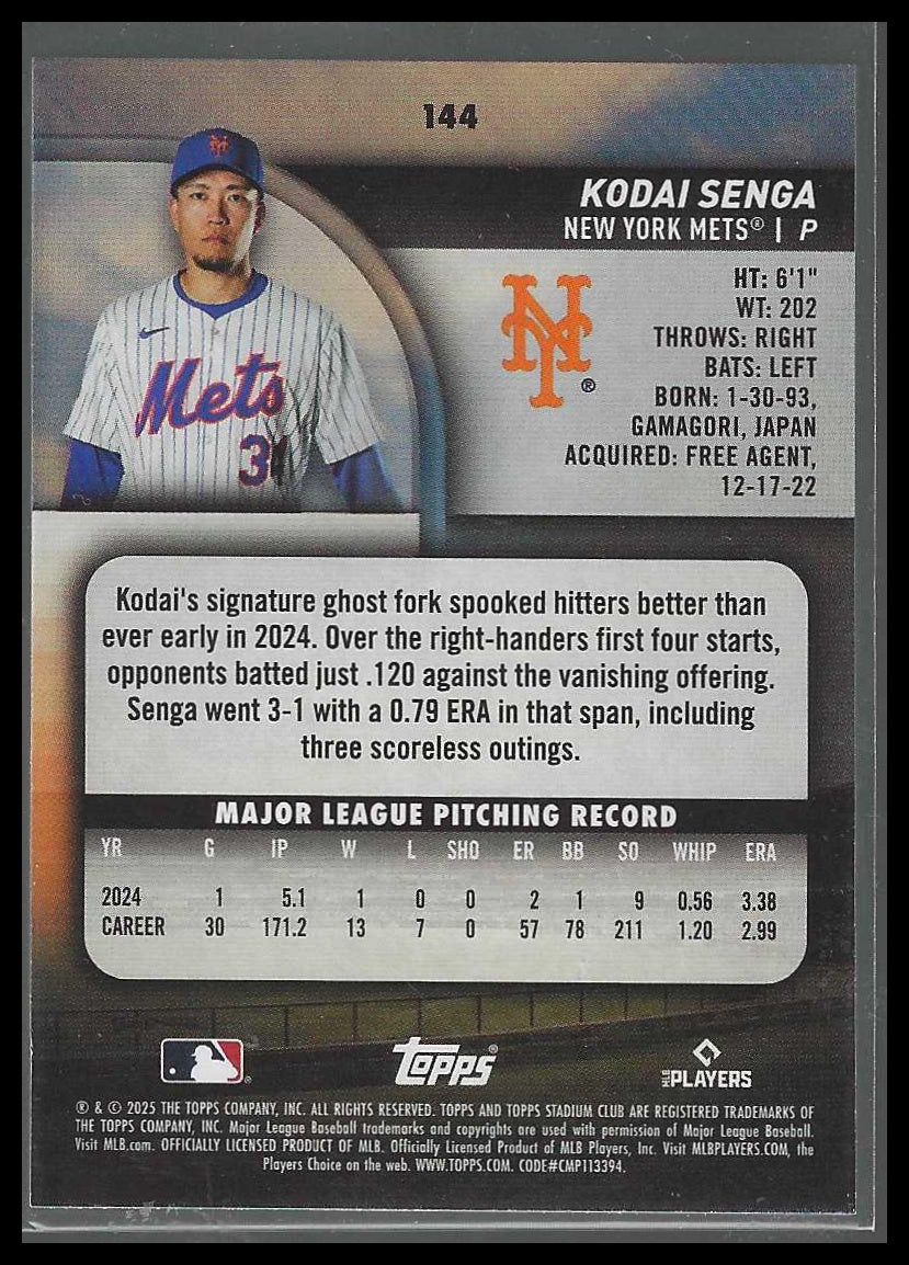 2025 Stadium Club #144 Kodai Senga Lime Green New York Mets