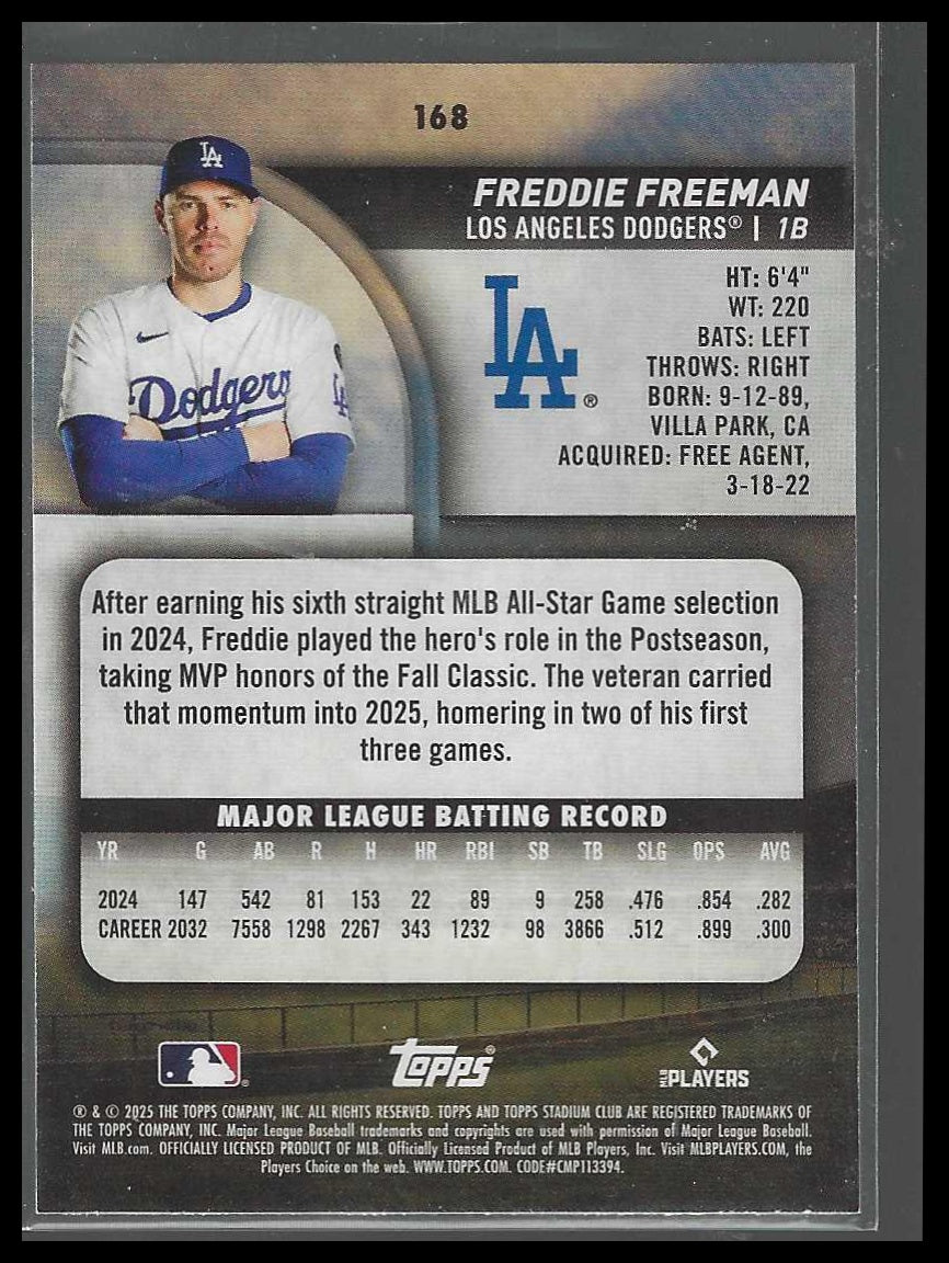 2025 Stadium Club #168 Freddie Freeman Los Angeles Dodgers