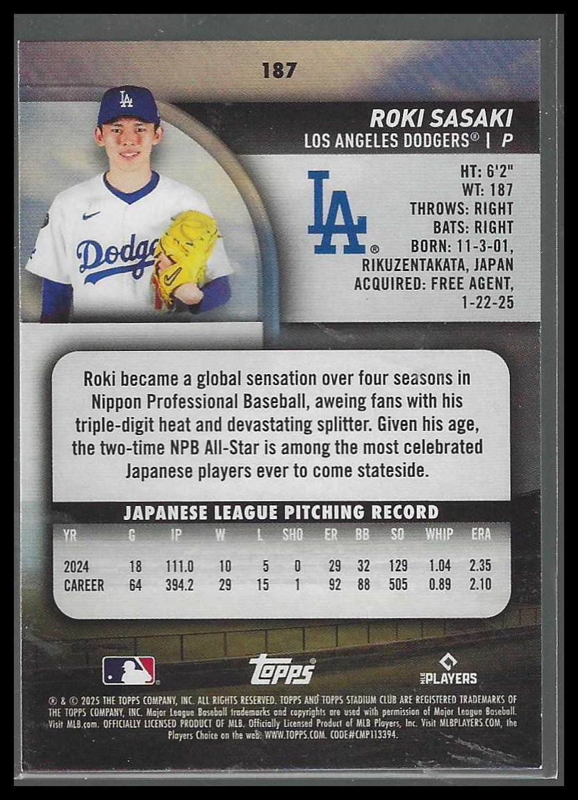 2025 Stadium Club #187 Roki Sasaki Los Angeles Dodgers Rookie