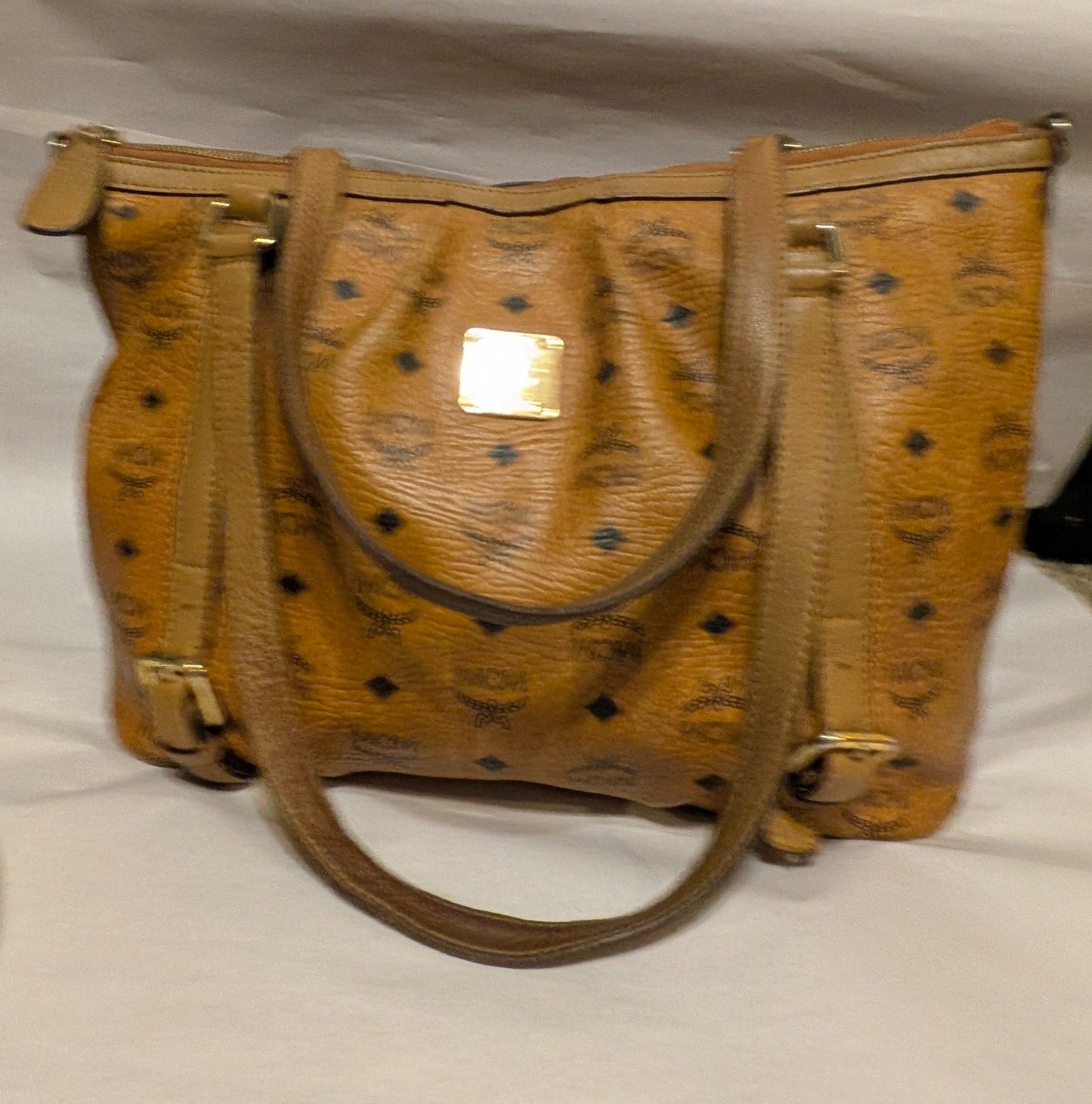 MCM Women’s Cognac Brown Large Leather Tote Bag Pre-loved Authentic Monogram Zip