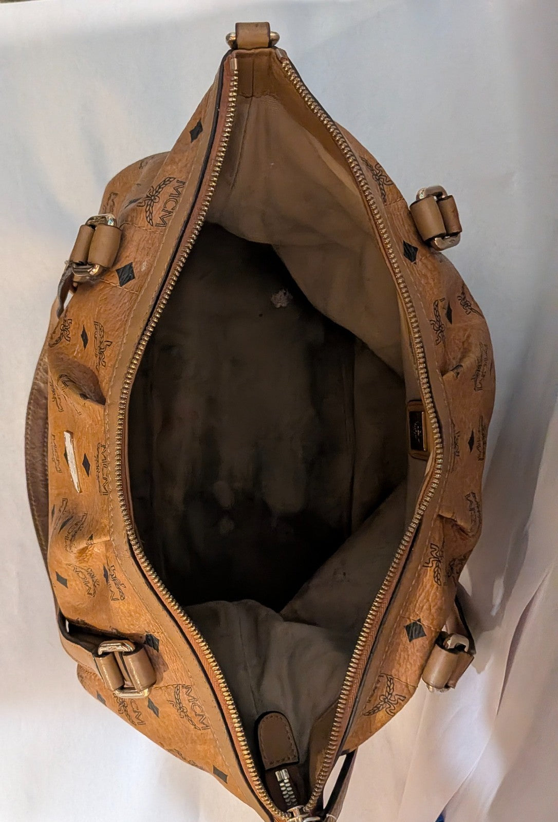 MCM Women’s Cognac Brown Large Leather Tote Bag Pre-loved Authentic Monogram Zip