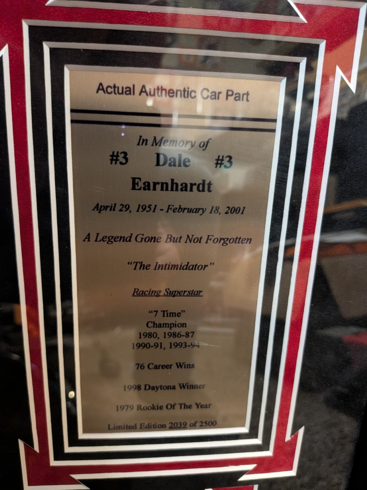 Dale Earnhardt Autographed - Piece of Race car - Authenticated #2039/2500