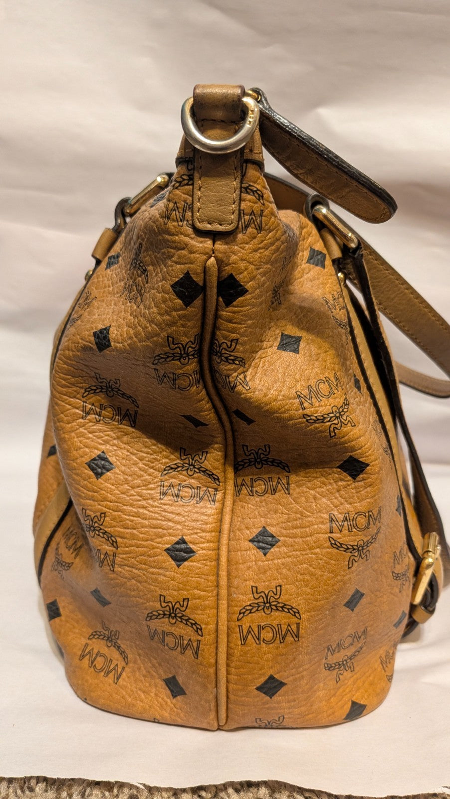 MCM Women’s Cognac Brown Large Leather Tote Bag Pre-loved Authentic Monogram Zip