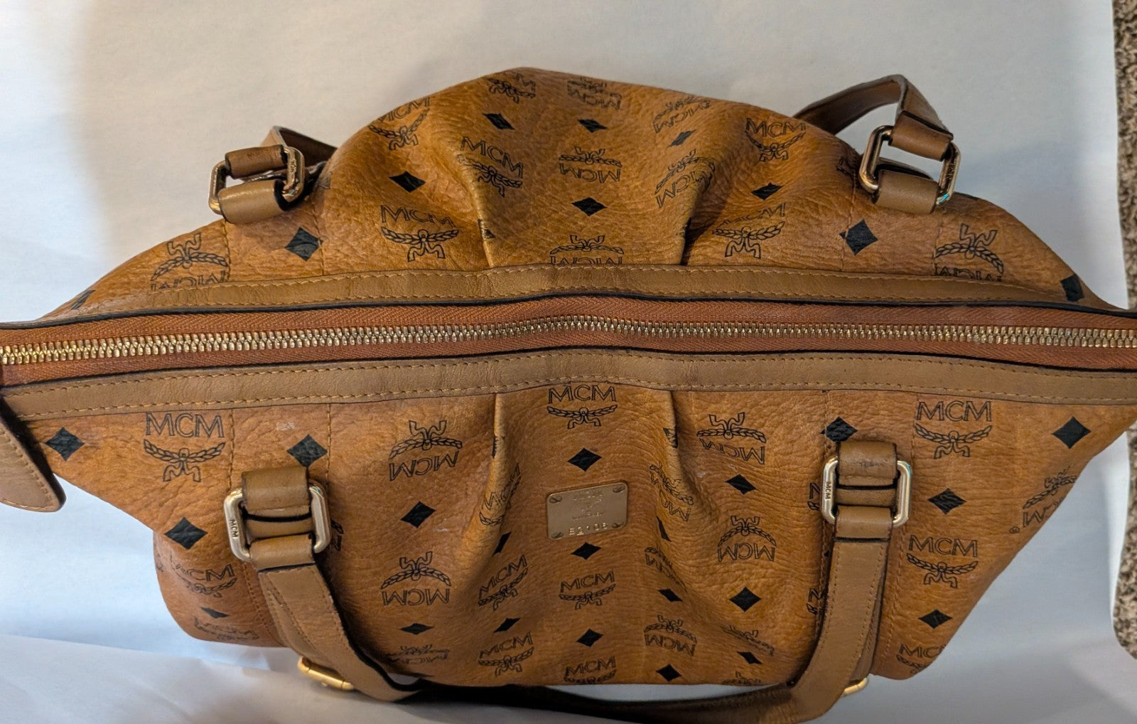MCM Women’s Cognac Brown Large Leather Tote Bag Pre-loved Authentic Monogram Zip