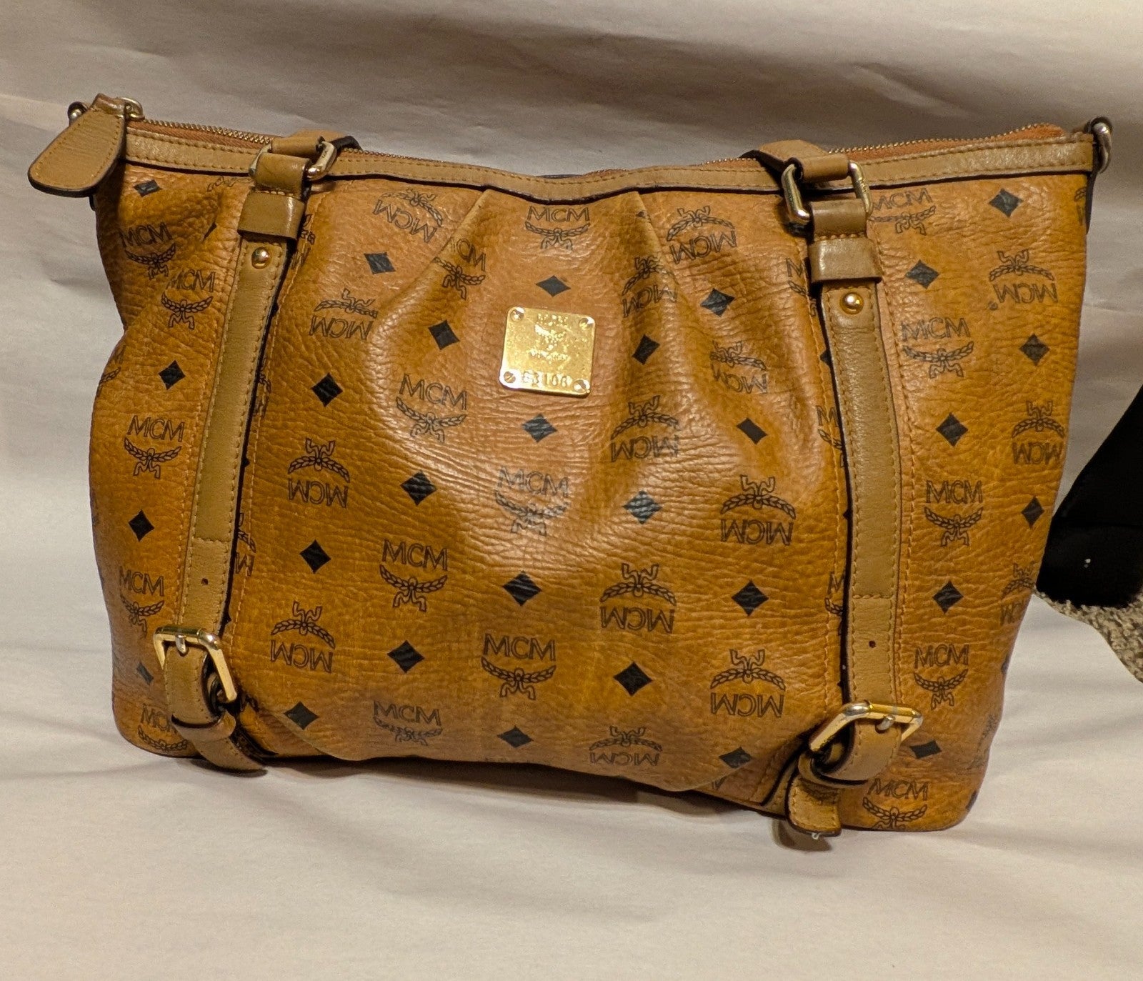 MCM Women’s Cognac Brown Large Leather Tote Bag Pre-loved Authentic Monogram Zip