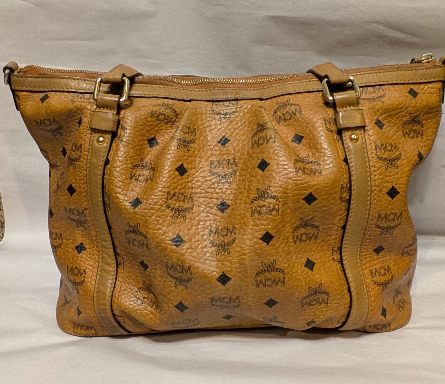 MCM Women’s Cognac Brown Large Leather Tote Bag Pre-loved Authentic Monogram Zip
