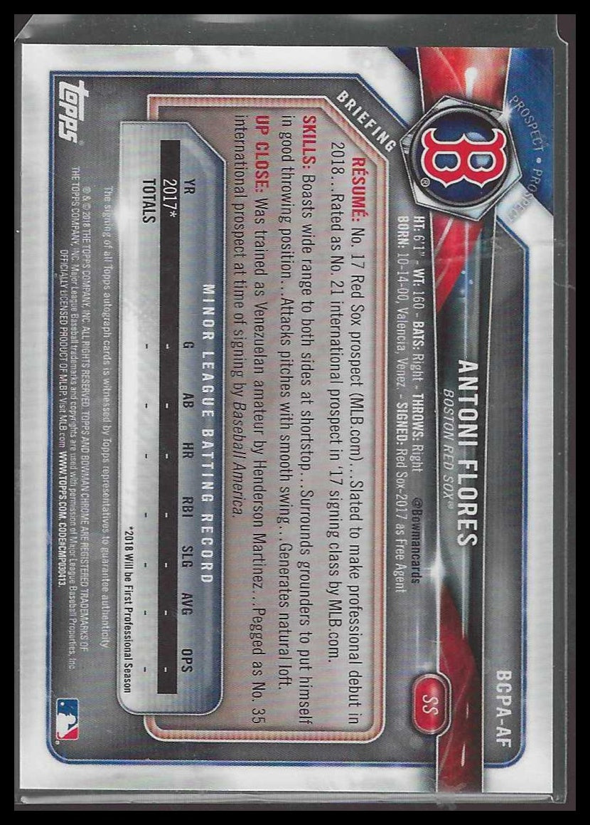 2018 Bowman Chrome #BCPA-AF Antoni Flores Prospects Autographs Boston Red Sox