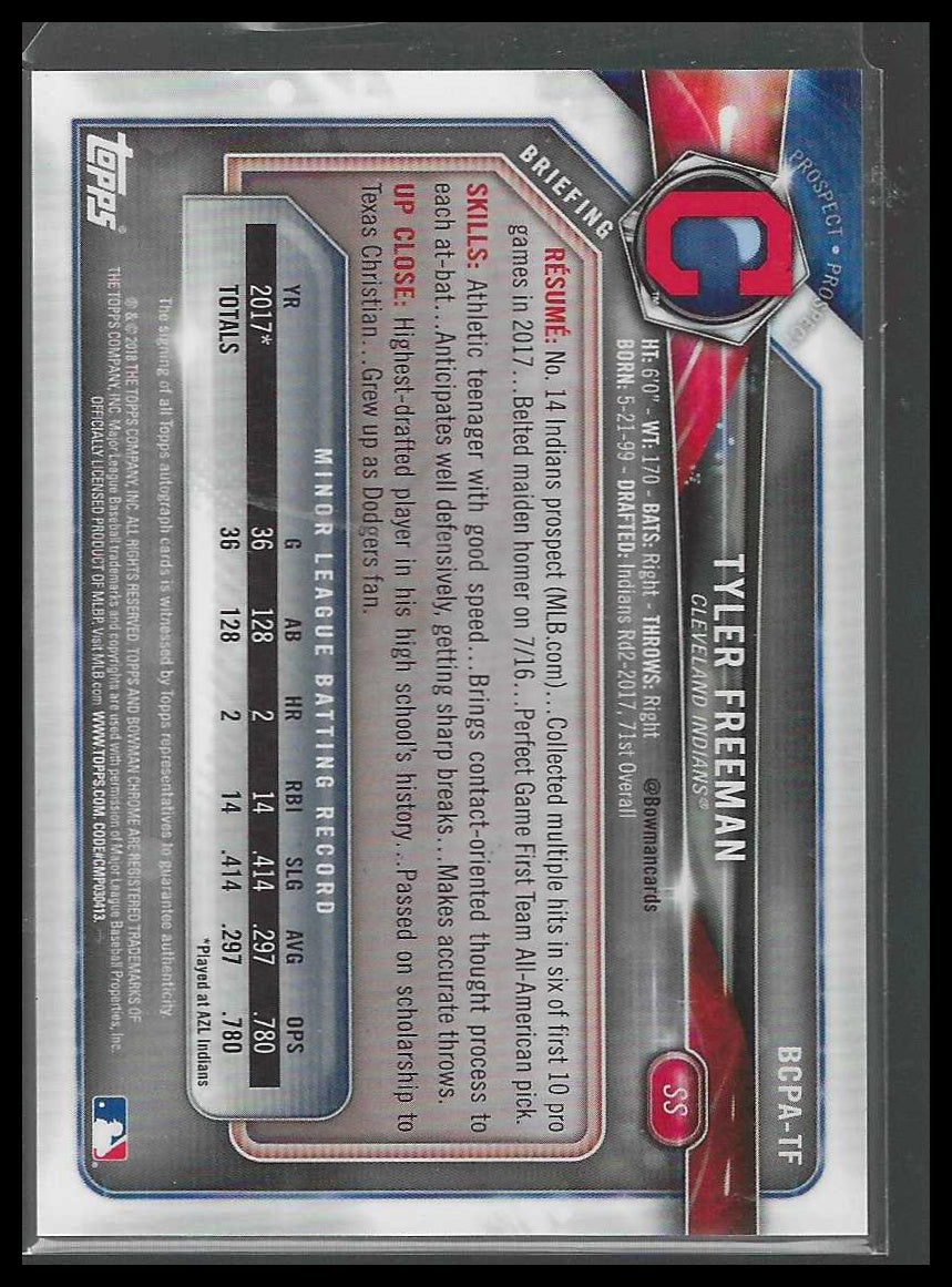 2018 Bowman Chrome #BCPA-TF Tyler Freeman Prospects Auto Purple Refractor /250