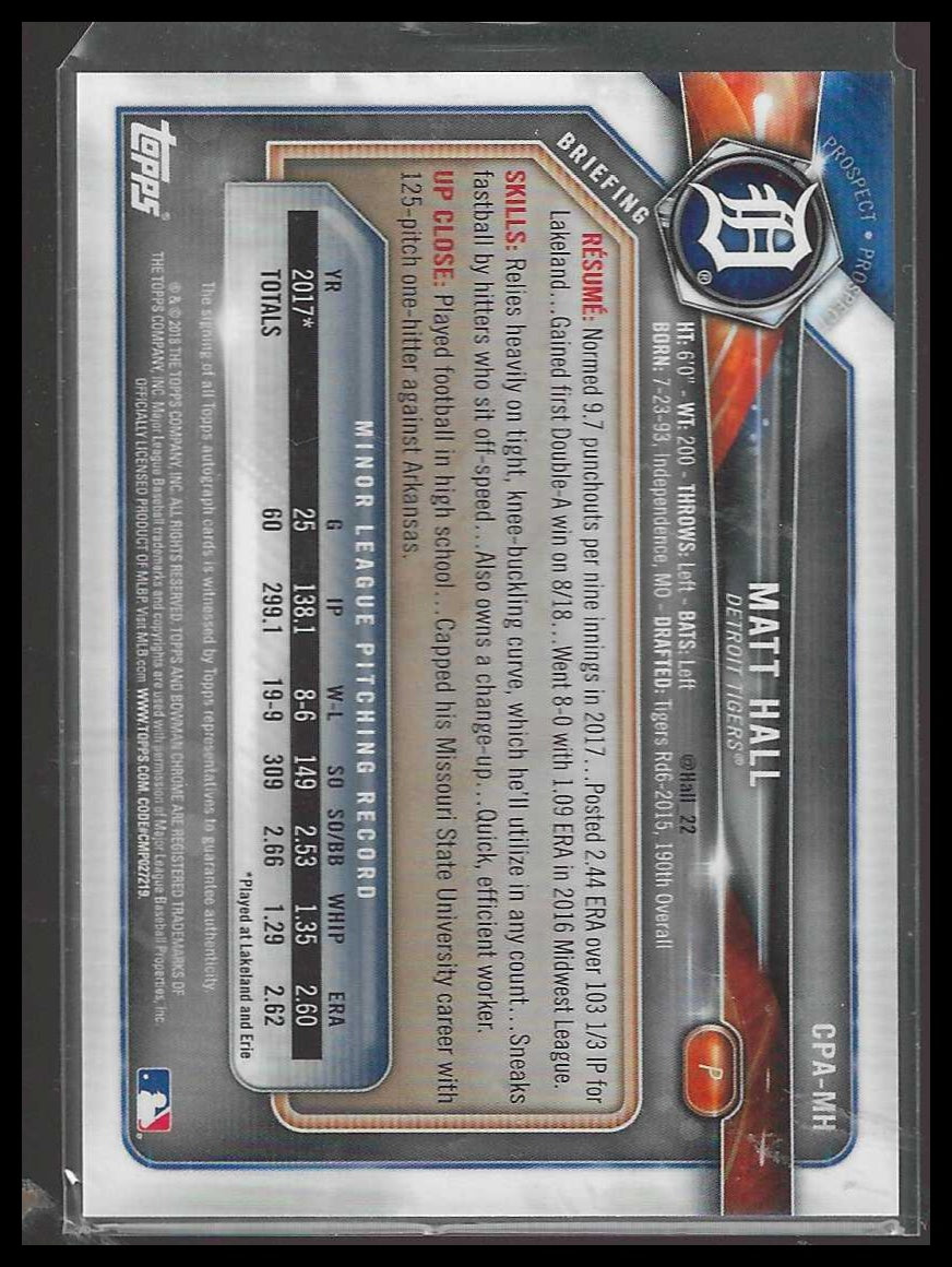 2018 Bowman Chrome #CPA-MH Matt Hall Prospects Autographs Detroit Tigers Auto