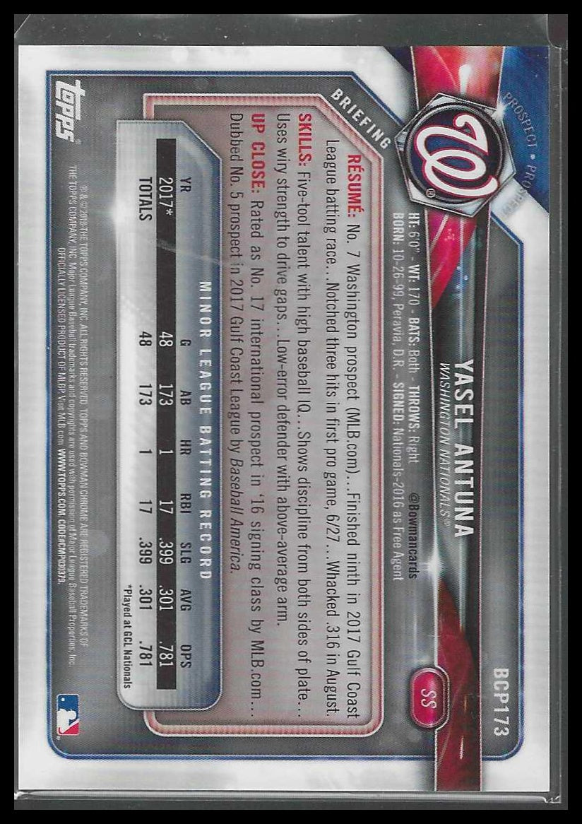 2018 Bowman Chrome #BCP173 Yasel Antuna Prospects Blue Refractor #/150