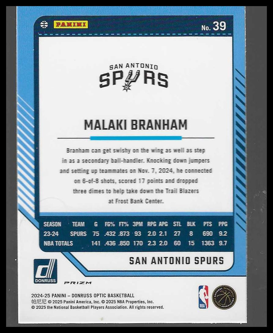 2024-25 Donruss Optic #39 Malaki Branham Hyper Pink San Antonio Spurs