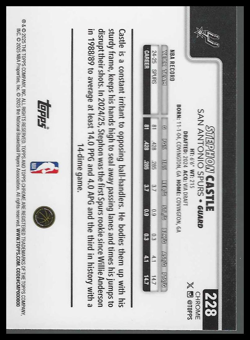 2025-26 Topps Chrome #228 Stephon Castle San Antonio Spurs