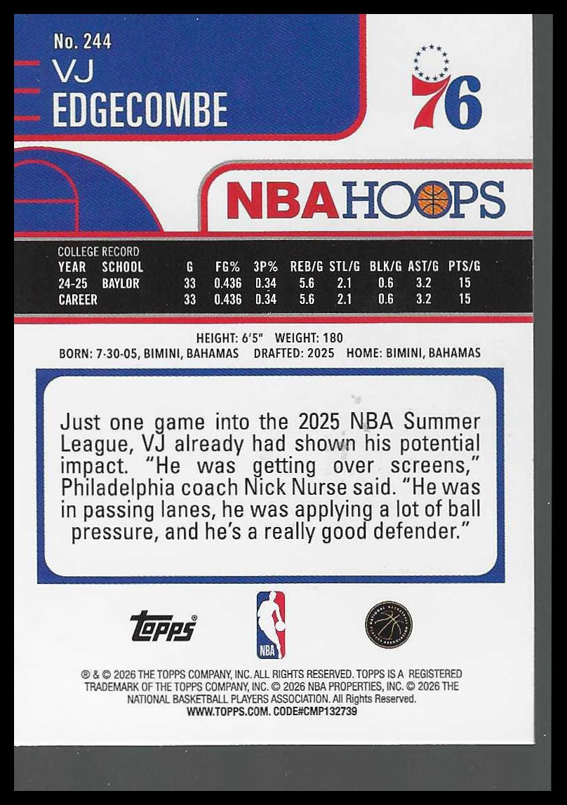 2025-26 Hoops Green Hoops #244 VJ Edgecombe Rookie