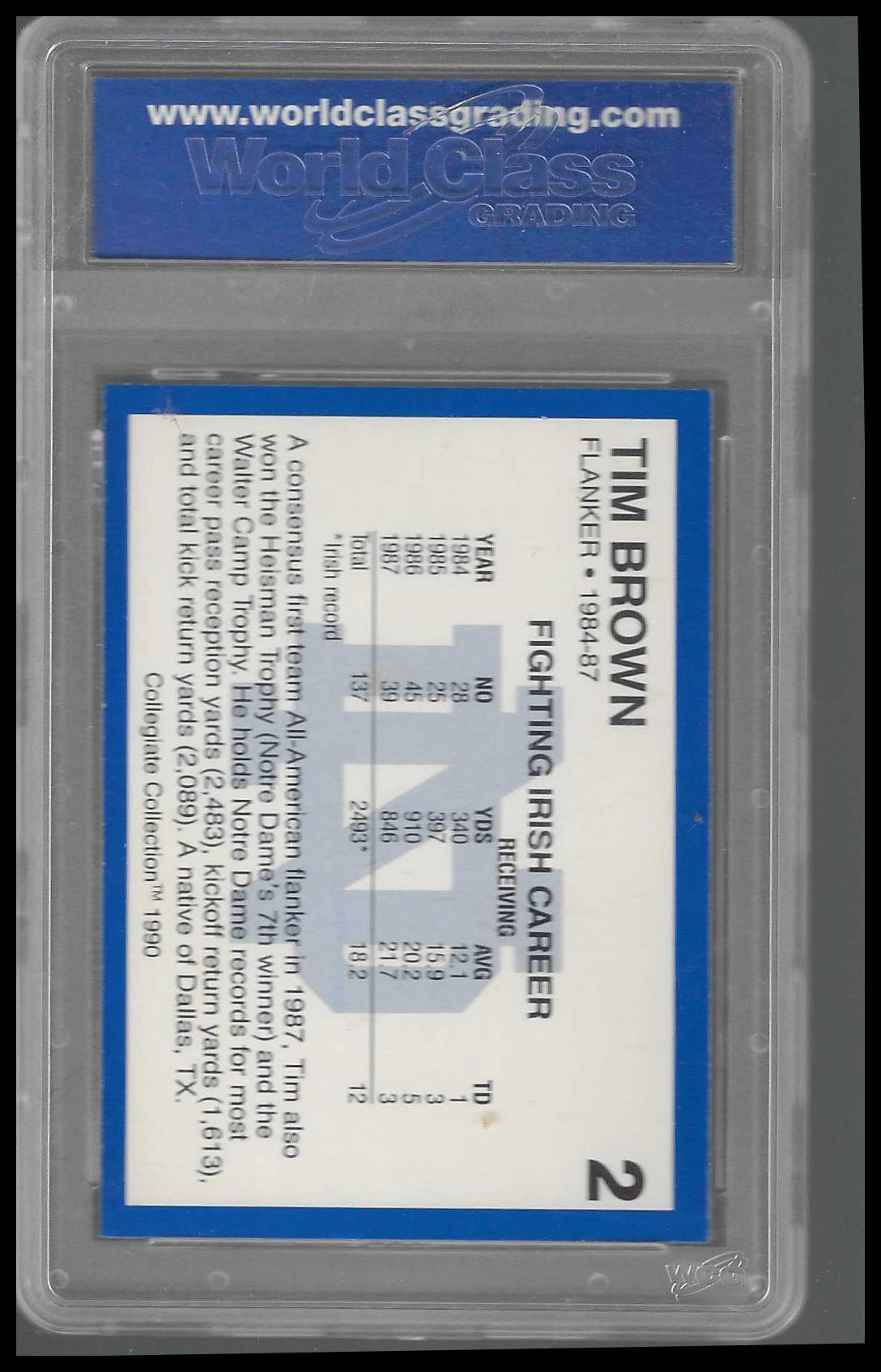 1990 Collegiate Collection #2 Tim Brown  WCG GEM/MT 10
