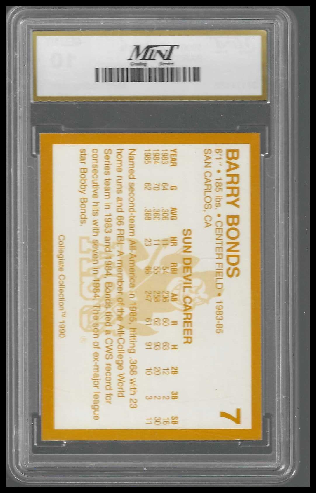 1990-91 Collegiate Collection Arizona State Sun Devils #7 Barry Bonds MINT 10