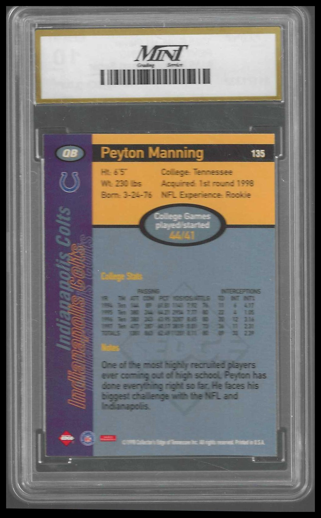 1998 Collector's Edge 1ST Place Record Setters #135 Peyton Manning Rookie MNT 10