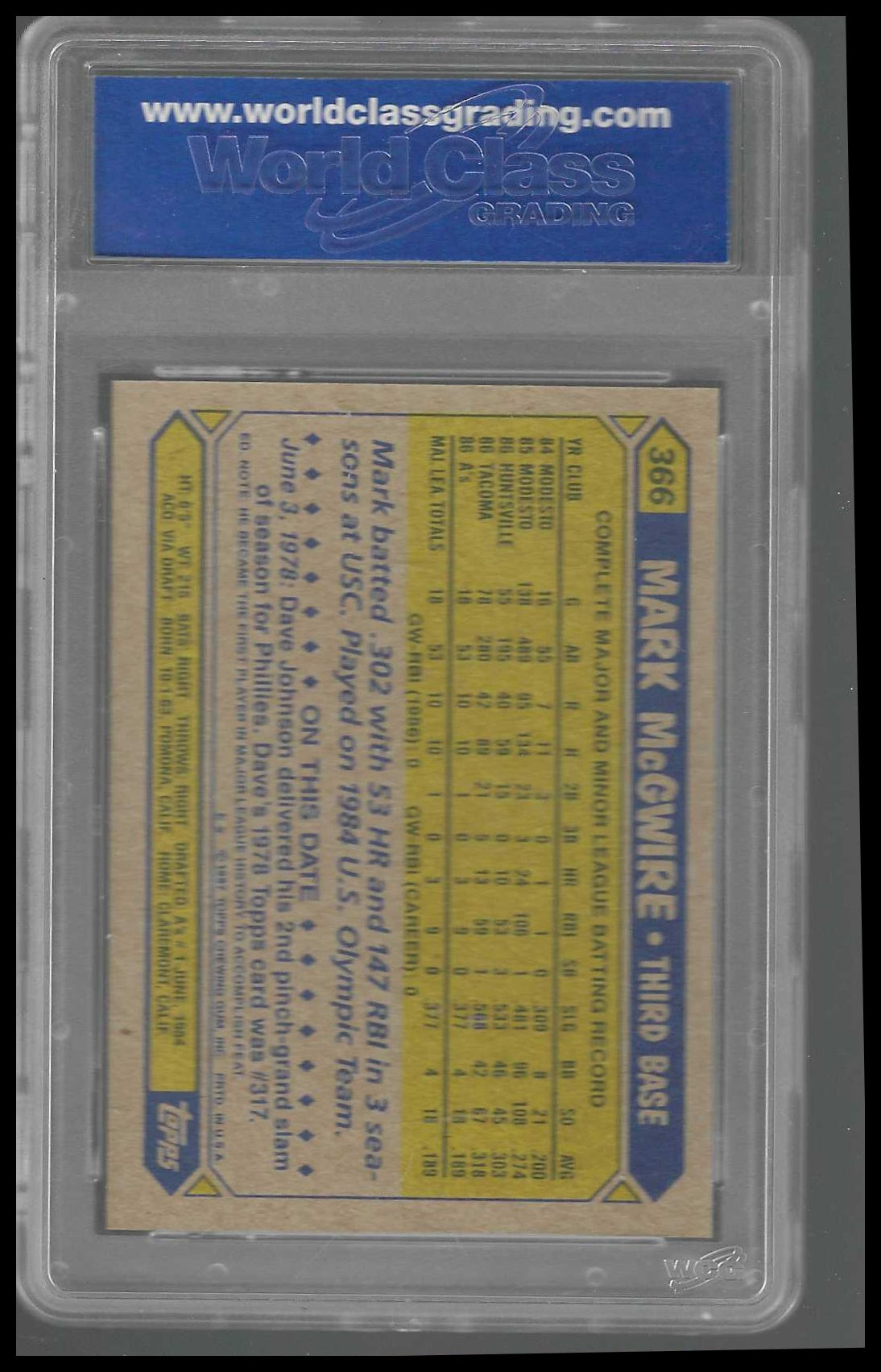 1987 Topps #366 Mark McGwire WCG GEM-MT 10