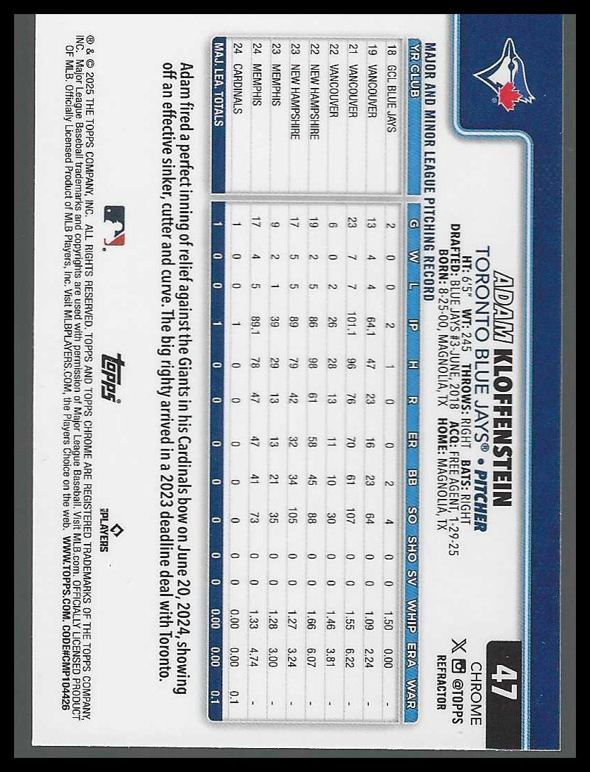 2025 Topps Chrome Refractors #47 Adam Kloffenstein Rookie