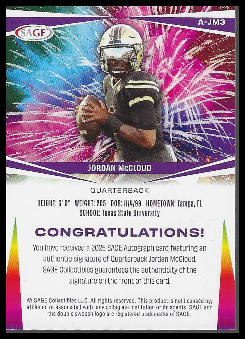 2025 SAGE HIT Autographs Red (Low Series) #A-JM3 Jordan McCloud