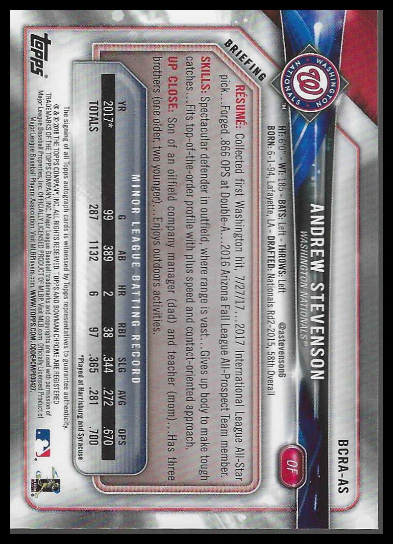 2018 Bowman Chrome Chrome Rookie Autographs #BCRA-AS Andrew Stevenson