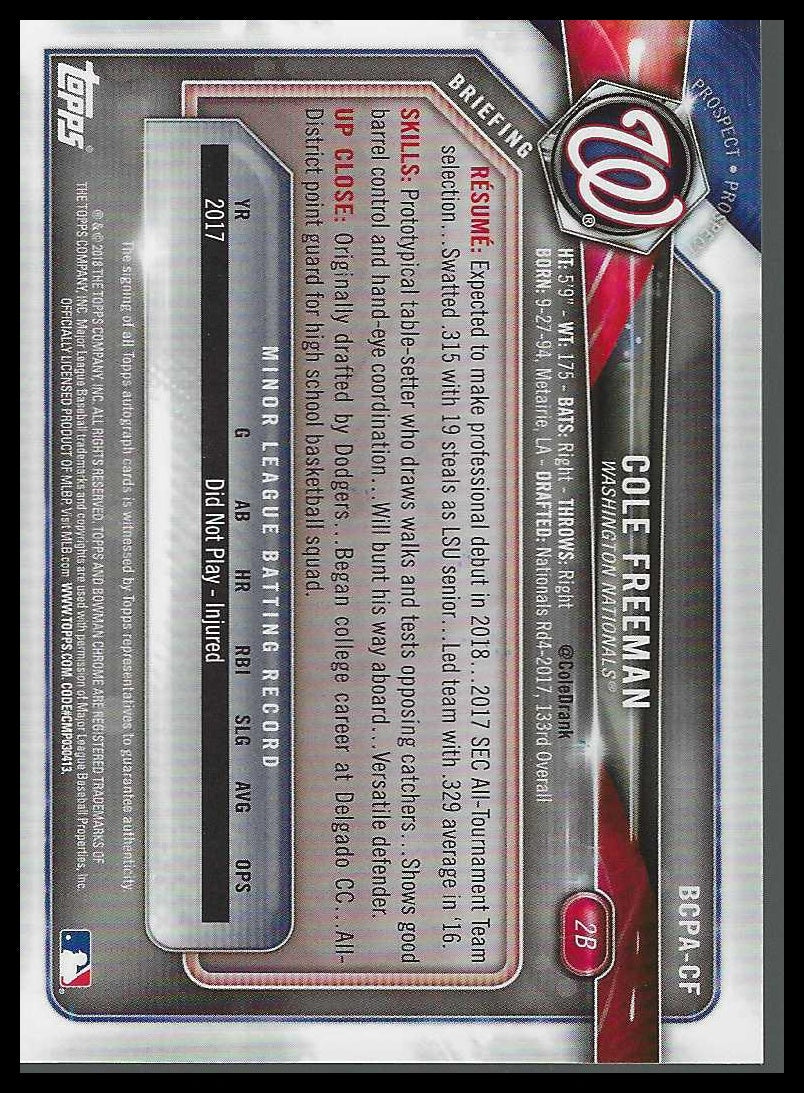 2018 Bowman Chrome Prospects Auto Orange Wave Refractor #BCPA-CF Cole Freeman