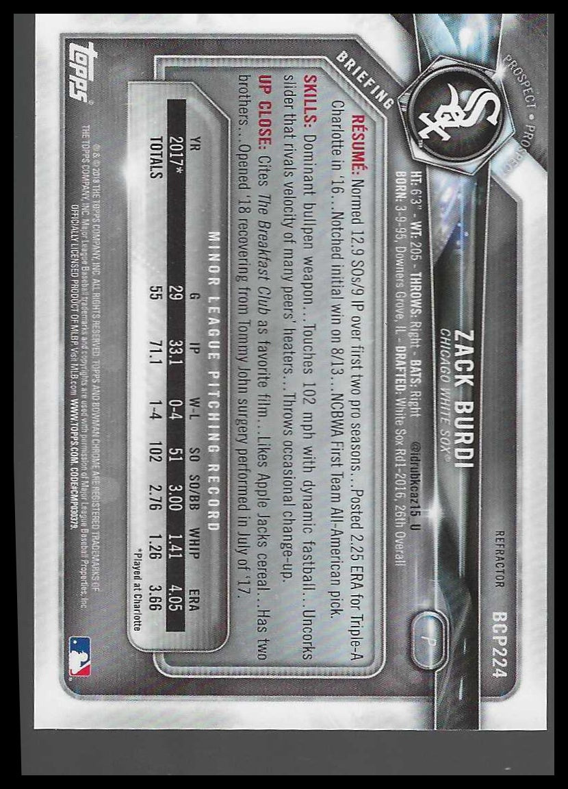 2018 Bowman Chrome Prospects Refractor #BCP224 Zack Burdi #246/499
