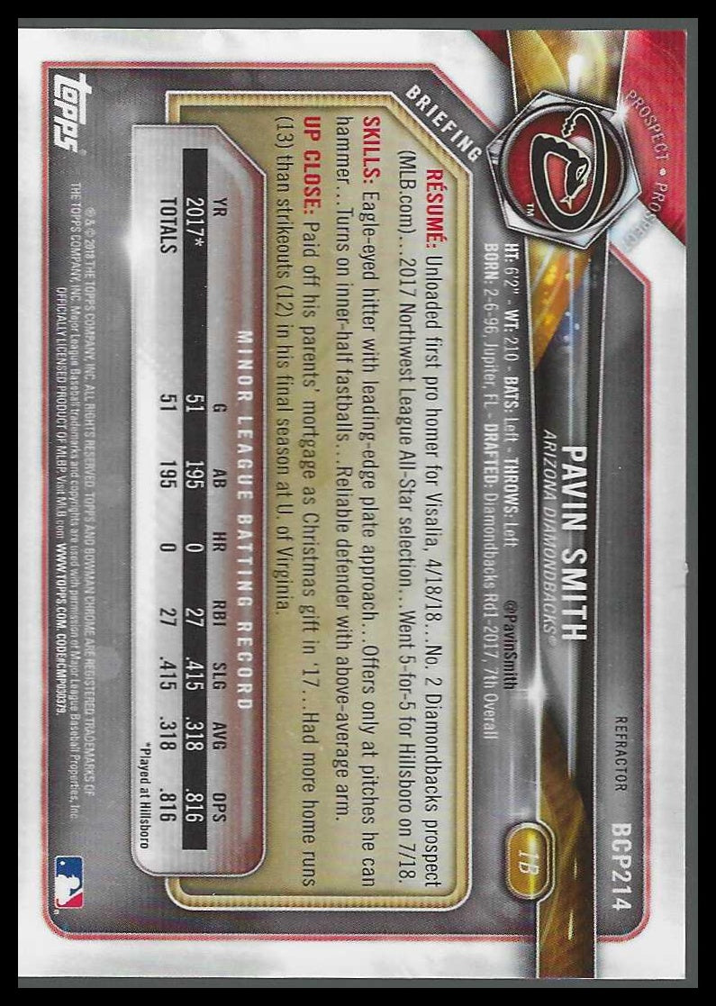 2018 Bowman Chrome Prospects Refractor #BCP214 Pavin Smith #311/499