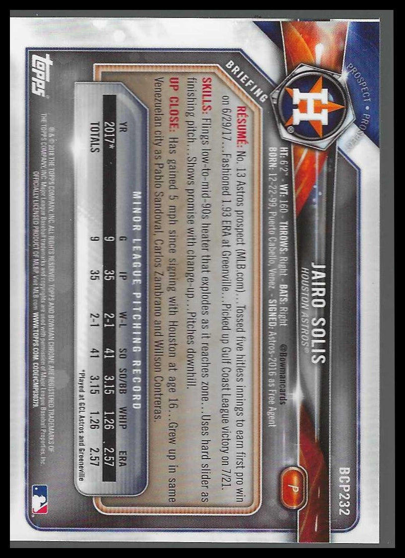 2018 Bowman Chrome Prospects Purple Shimmer Refractor #BCP232 Jairo Solis