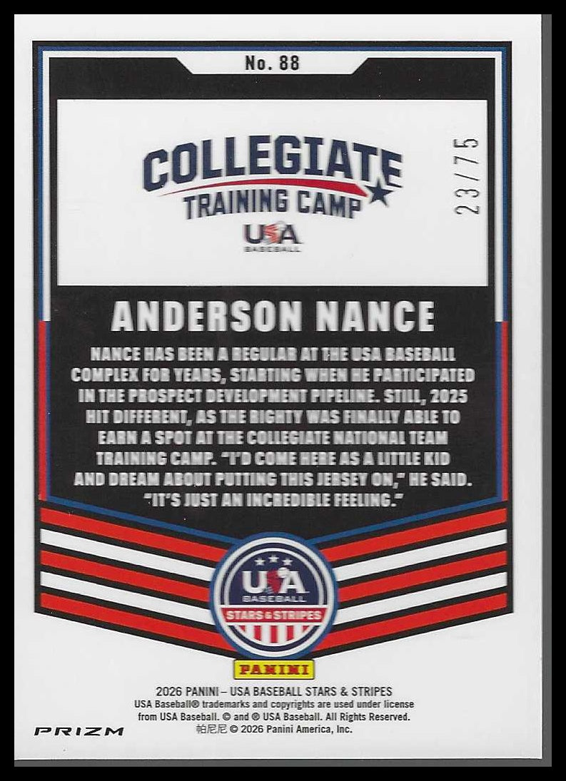 2026 Panini Stars & Stripes Prizm USA Baseball Blue Pulsar #88 Anderson Nance