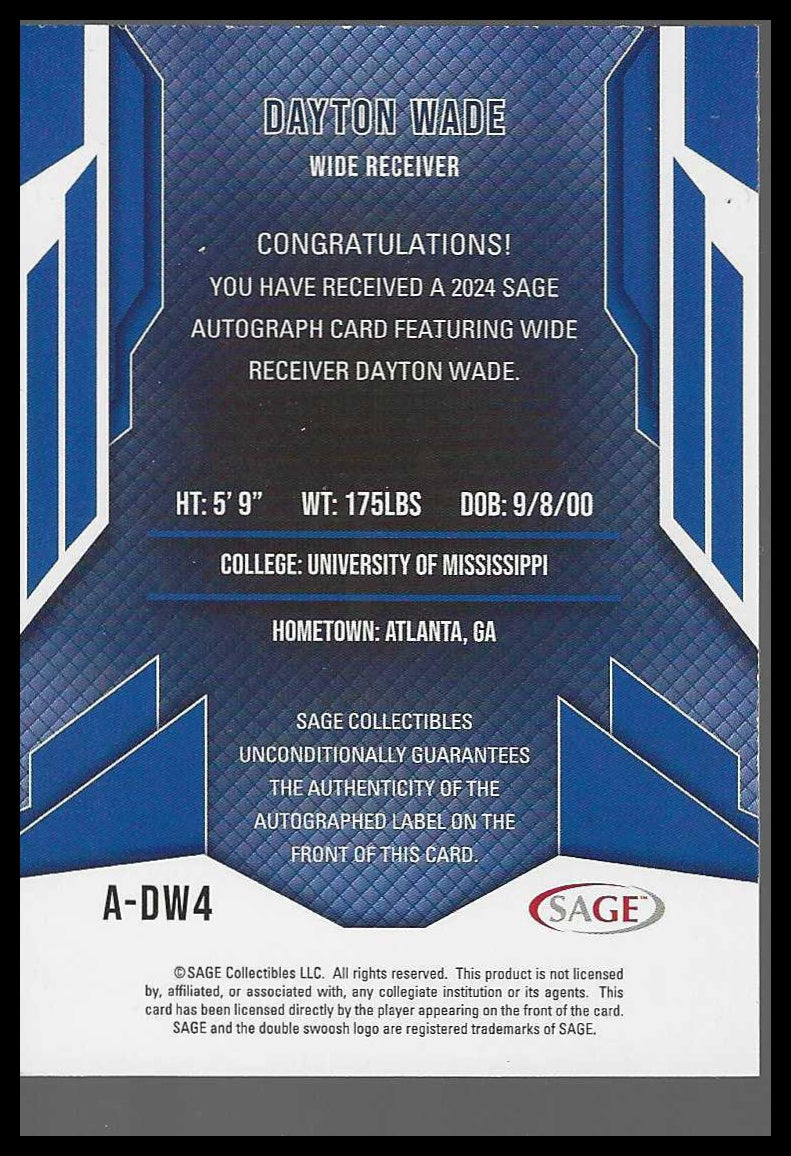 2024 SAGE HIT Autographs Red (High Series) #A-DW4 Dayton Wade